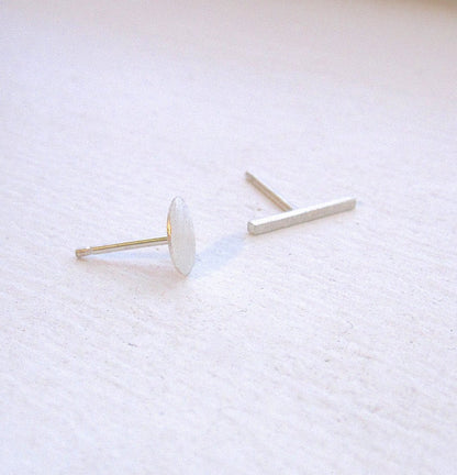 Hand-Crafted Mismatched 6mm Round Flat Circle and 11 mm Staple Stud Earrings - 0186 - Virginia Wynne Designs
