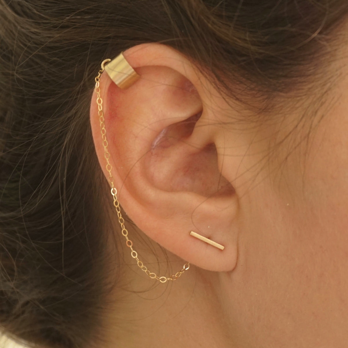 Chic Yet Edgy Hand-Made Staple Bar Stud Earrings With Single Chained Ear Cuff - 0276 - Virginia Wynne Designs