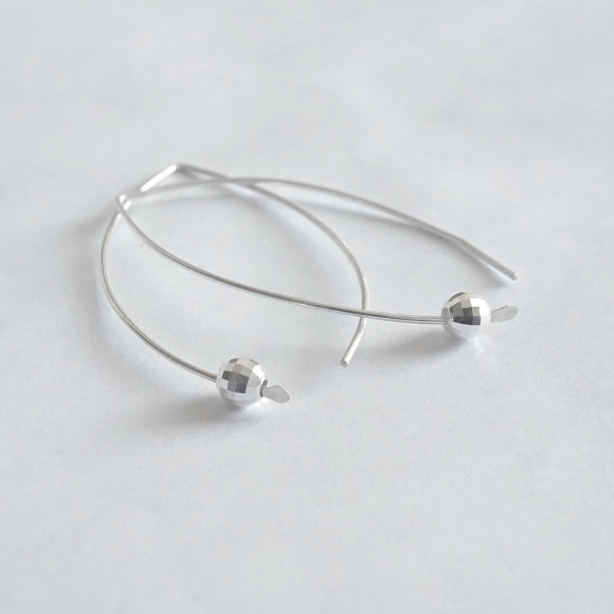 Contemporary Curved Sterling Silver Hand-Made Earrings w/ Silver Faceted Ball & Tapered End - 0266 - Virginia Wynne Designs