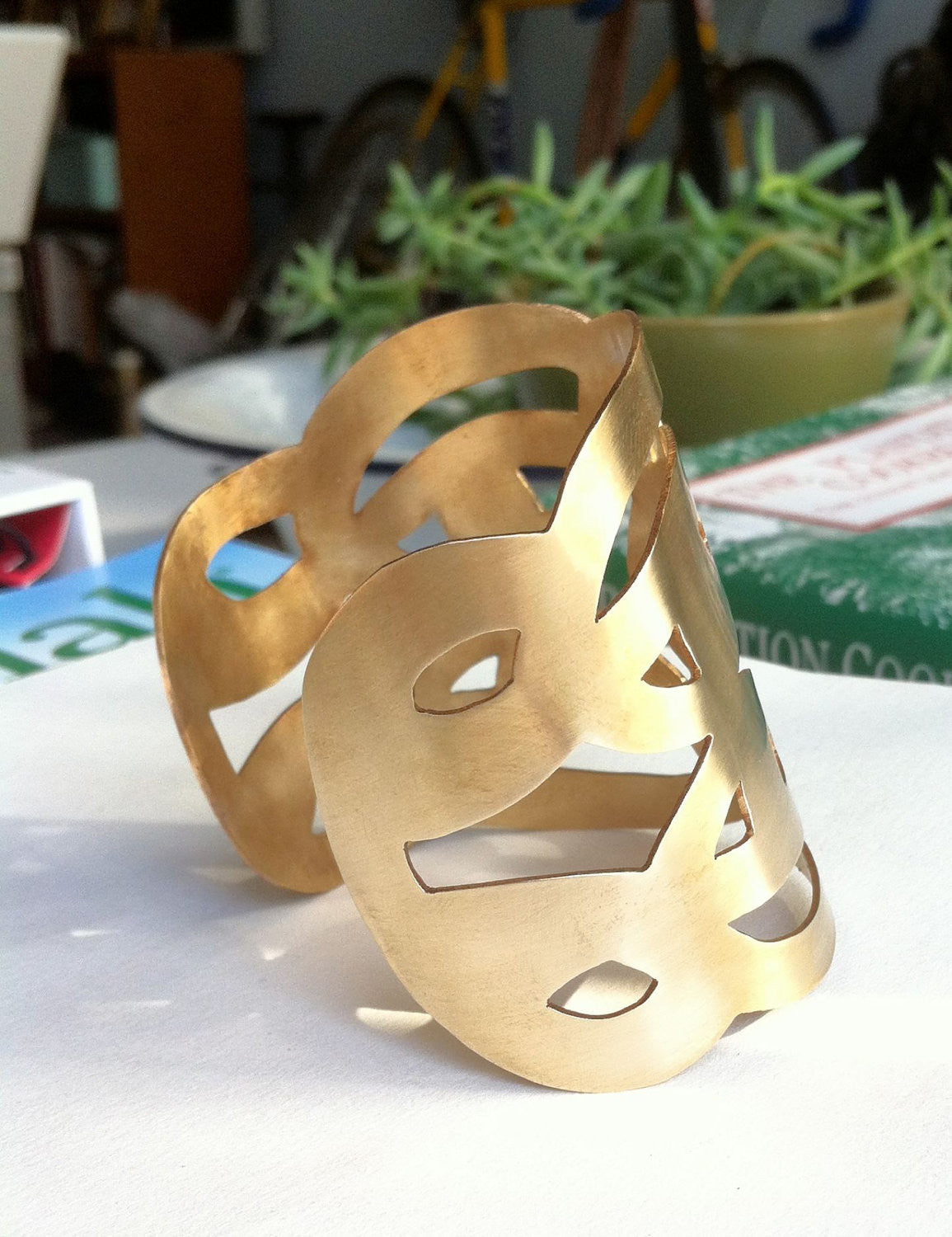 Large, Gold Colored Brass, Hand-Made Cut Out Cuff Bracelet - 0077 - Virginia Wynne Designs