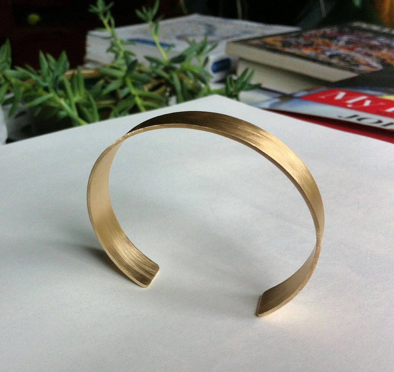Contemporary Hand-Made Adjustable Rectangle Plain Cuff Bracelet in Honey Colored Brass - 0075 - Virginia Wynne Designs