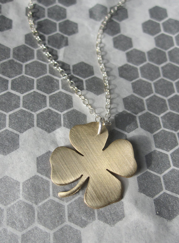 Hand-Made Shamrock Gold Colored Brass Charm Necklace On A Sterling Silver Chain - 0098 - Virginia Wynne Designs