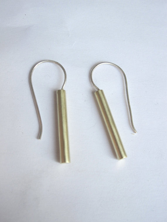 Simple and Elegant Gold Colored Brass Straight Bar Dangle Earrings With Silver French Hook - 0062 - Virginia Wynne Designs