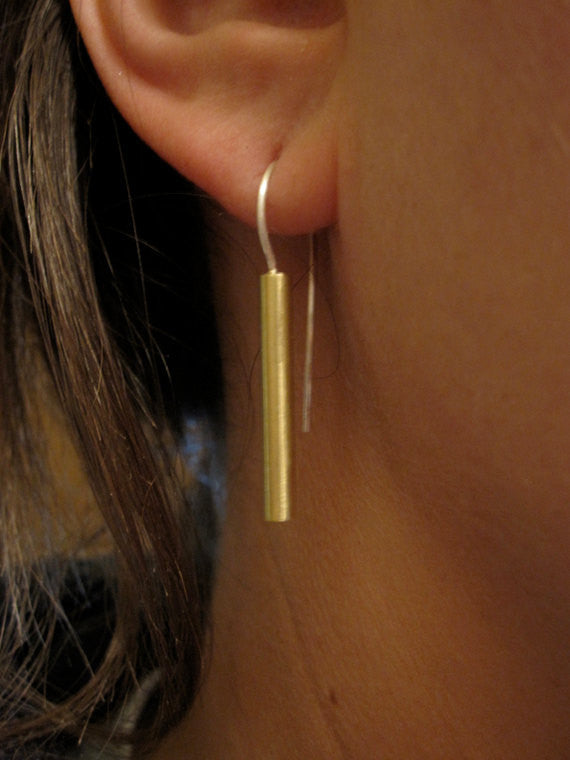 Simple and Elegant Gold Colored Brass Straight Bar Dangle Earrings With Silver French Hook - 0062 - Virginia Wynne Designs