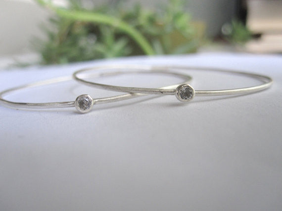 Elegant And Attractively Designed Sterling Silver Round Wire Hoops With A White Topaz Insert - 0189 - Virginia Wynne Designs