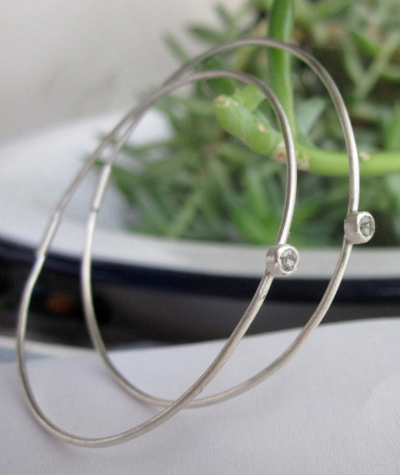 Elegant And Attractively Designed Sterling Silver Round Wire Hoops With A White Topaz Insert - 0189 - Virginia Wynne Designs