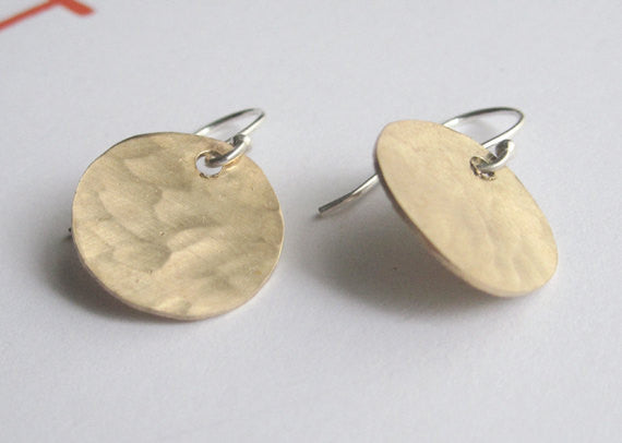 Hand-Made, Stylish, Hammered Textured, Gold Colored Brass Dangle Disk Earrings - 0065 - Virginia Wynne Designs