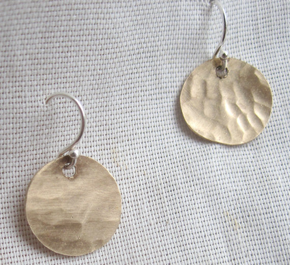Hand-Made, Stylish, Hammered Textured, Gold Colored Brass Dangle Disk Earrings - 0065 - Virginia Wynne Designs