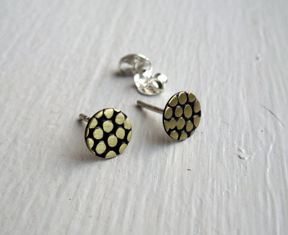 Stylish and Unique - Hand-Made, Flat, Pebble Textured Brass Circle Stud Earrings - 0002 - Virginia Wynne Designs