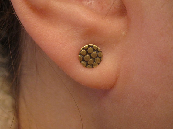 Stylish and Unique - Hand-Made, Flat, Pebble Textured Brass Circle Stud Earrings - 0002 - Virginia Wynne Designs