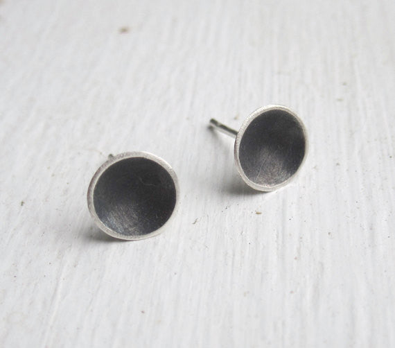 Elegant Distinctive Hand-Made Solid Sterling Silver Oxidized Black Concave Dome Stud Earrings- 0109 - Virginia Wynne Designs