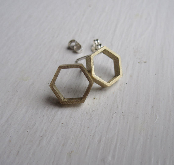 Hand-Crafted, Open Hexagonal Honey Comb Stud Earrings in Brass - 0114 - Virginia Wynne Designs