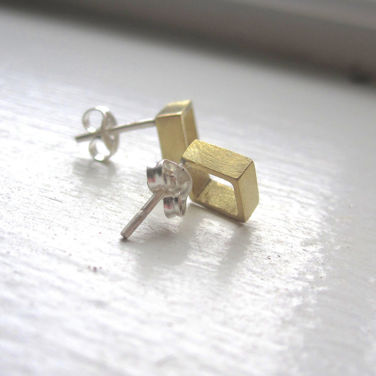 Open Hand-Made Square Cube Stud Earrings in Gold Colored Brass - 0124 - Virginia Wynne Designs