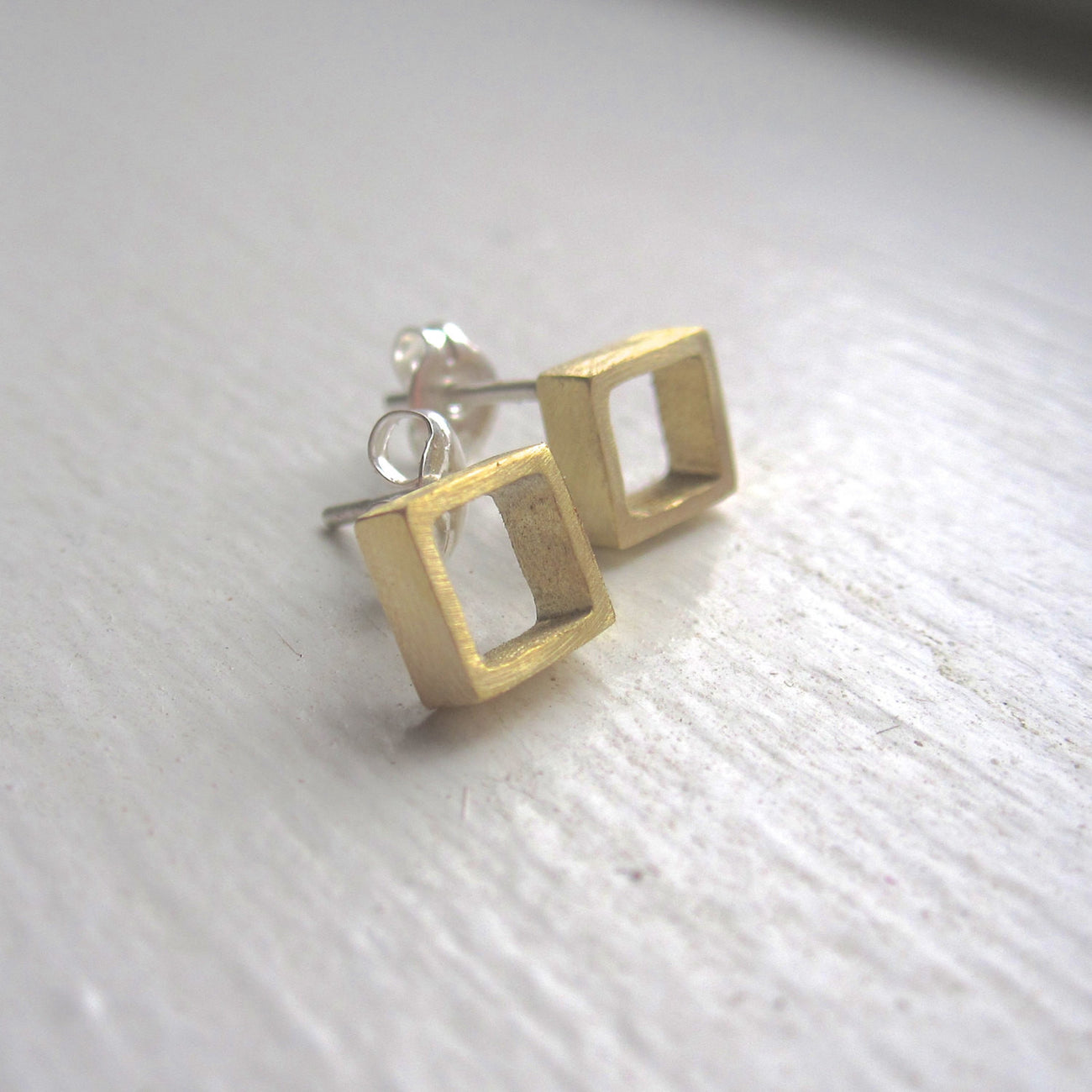 Open Hand-Made Square Cube Stud Earrings in Gold Colored Brass - 0124 - Virginia Wynne Designs