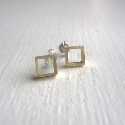 Open Hand-Made Square Cube Stud Earrings in Gold Colored Brass - 0124 - Virginia Wynne Designs