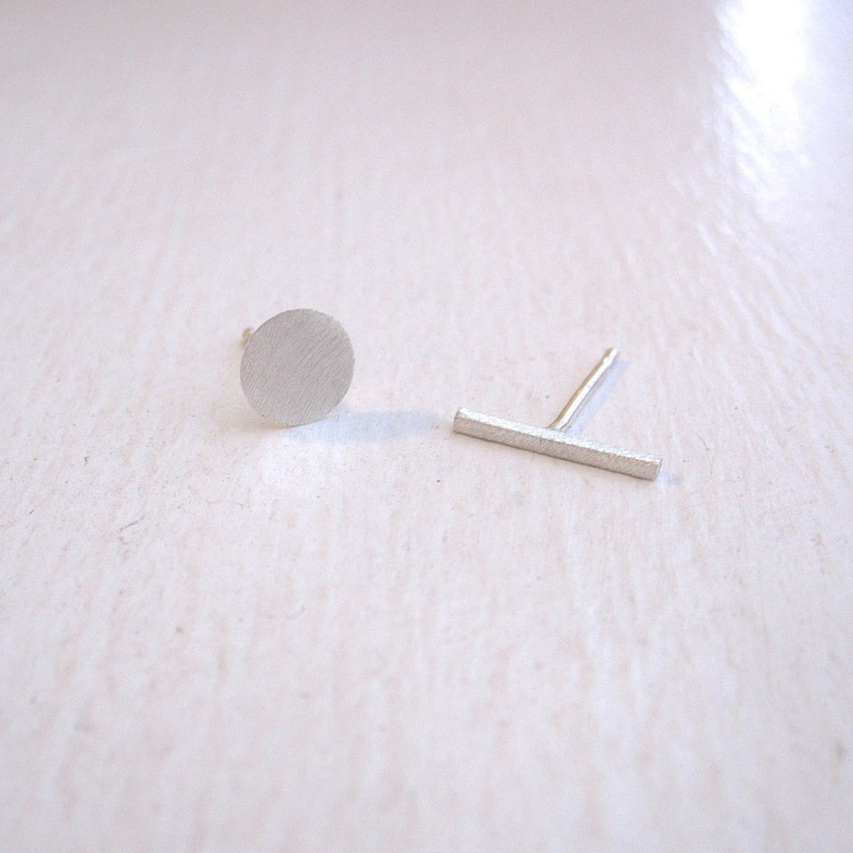 Hand-Crafted Mismatched 6mm Round Flat Circle and 11 mm Staple Stud Earrings - 0186 - Virginia Wynne Designs