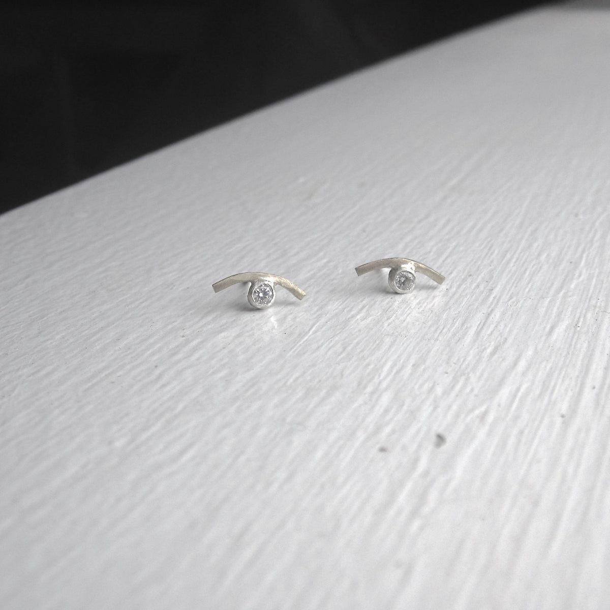 A Modern Classic - Hand-Made Sterling Silver Curved Studs With A Clear Stone - 0161 - Virginia Wynne Designs