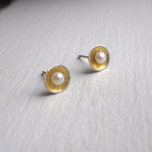 Contemporary Classic Pearl Earring Hand-Made Dome Circle Earrings w/ White Pearl Center - 0110 - Virginia Wynne Designs