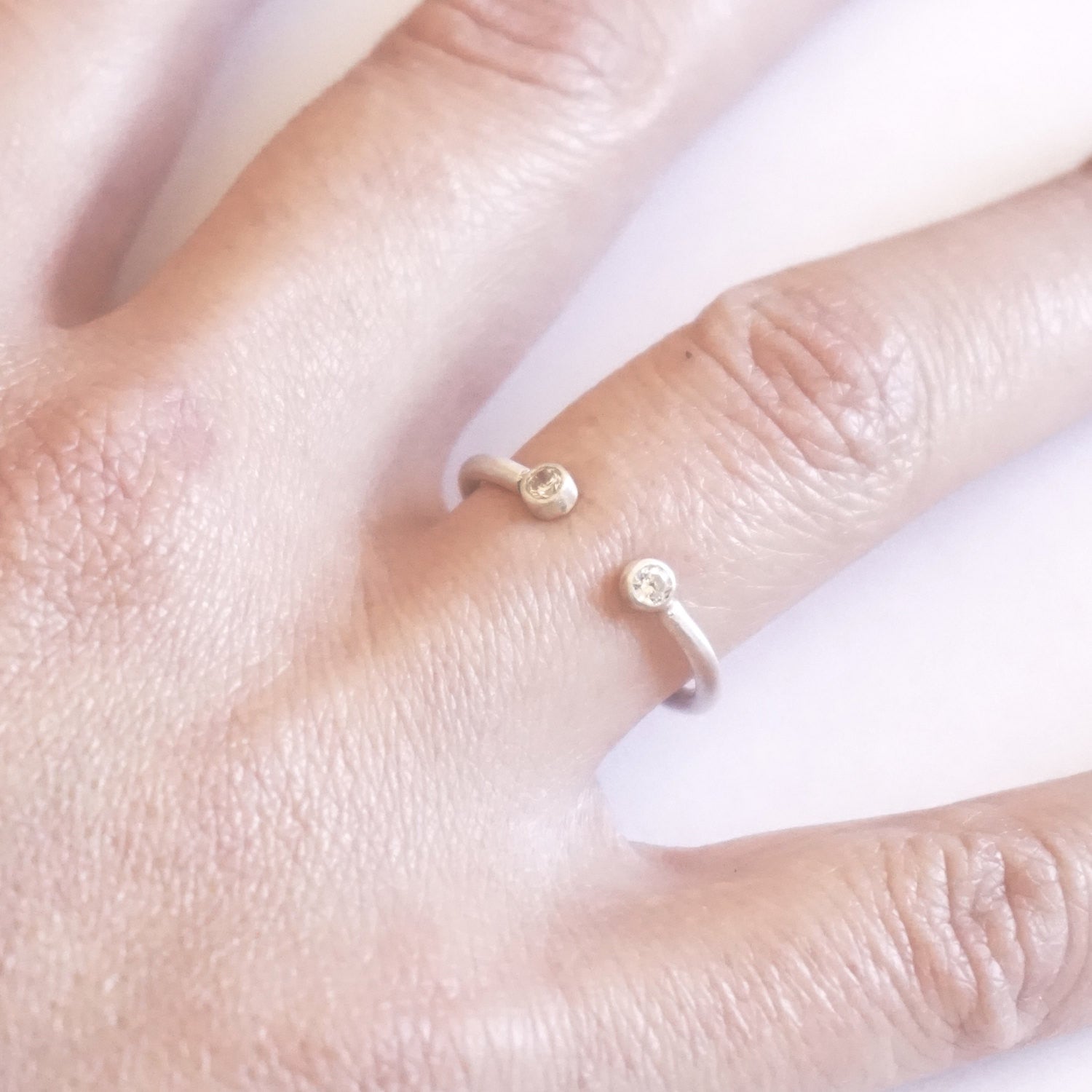 Diastinctively Styled Hand-Made Solid  Open Adjustable Ring With Two Bezel Set Clear CZ's - 0194 - Virginia Wynne Designs