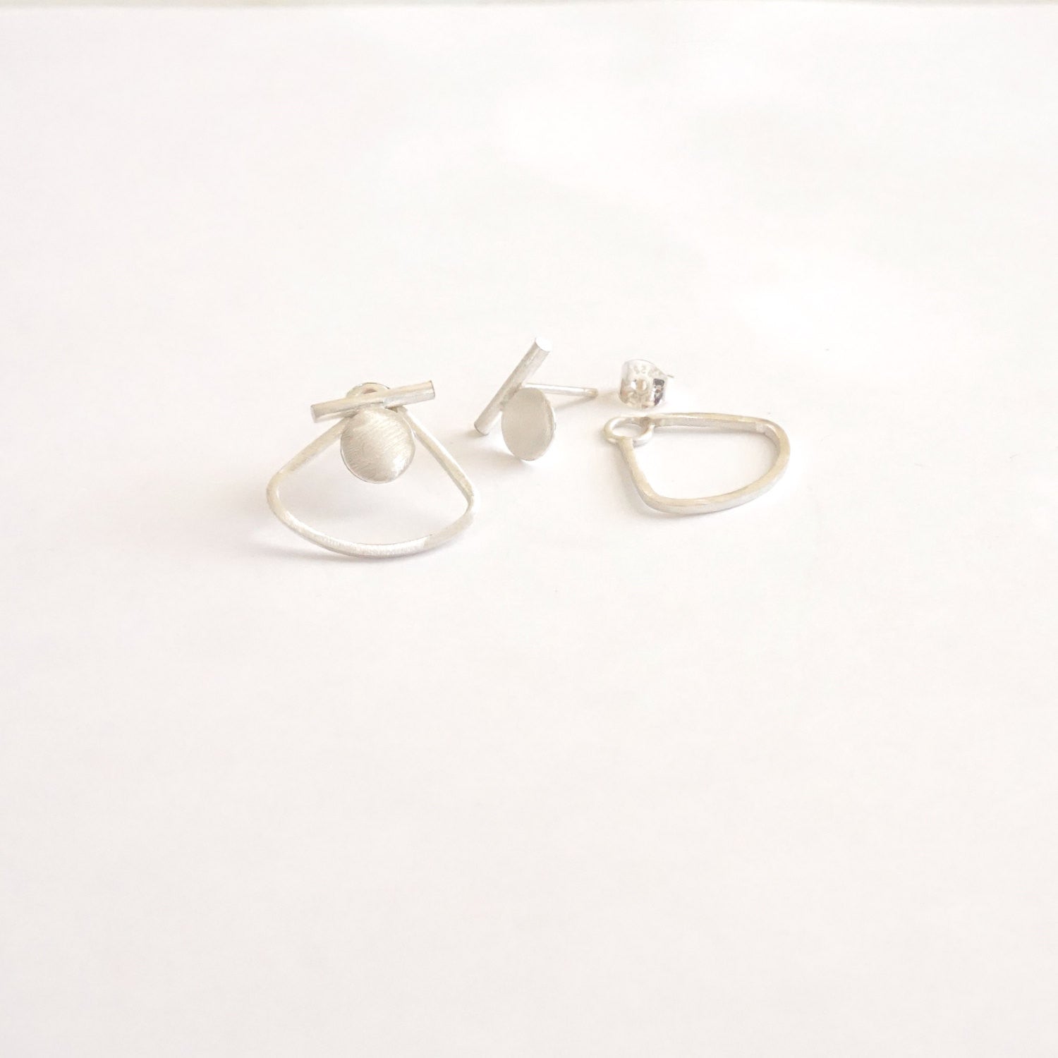 Modern Hand-Made Half Circle Ear Jacket w/ Solid Bar & Flat Circle Designer Stud Earrings - 0223 - Virginia Wynne Designs