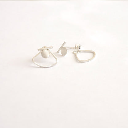 Modern Hand-Made Half Circle Ear Jacket w/ Solid Bar & Flat Circle Designer Stud Earrings - 0223 - Virginia Wynne Designs