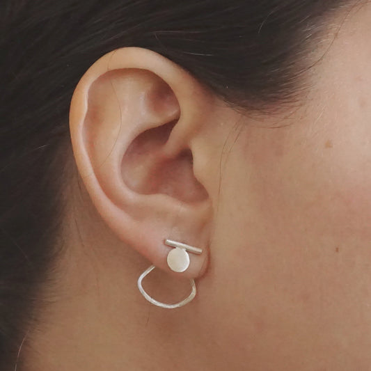 Modern Hand-Made Half Circle Ear Jacket w/ Solid Bar & Flat Circle Designer Stud Earrings - 0223 - Virginia Wynne Designs
